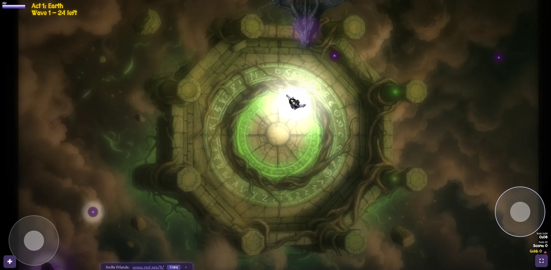 Zael gameplay — a wizard atop an arcane octagonal arena, Act 1: Earth, Wave 1, with virtual joysticks at the edges.